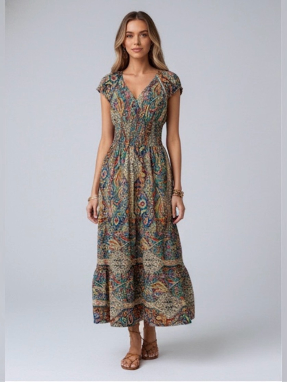 Boho Paisley Shirred Waist Ruffle Hem Maxi Dress Multicolor